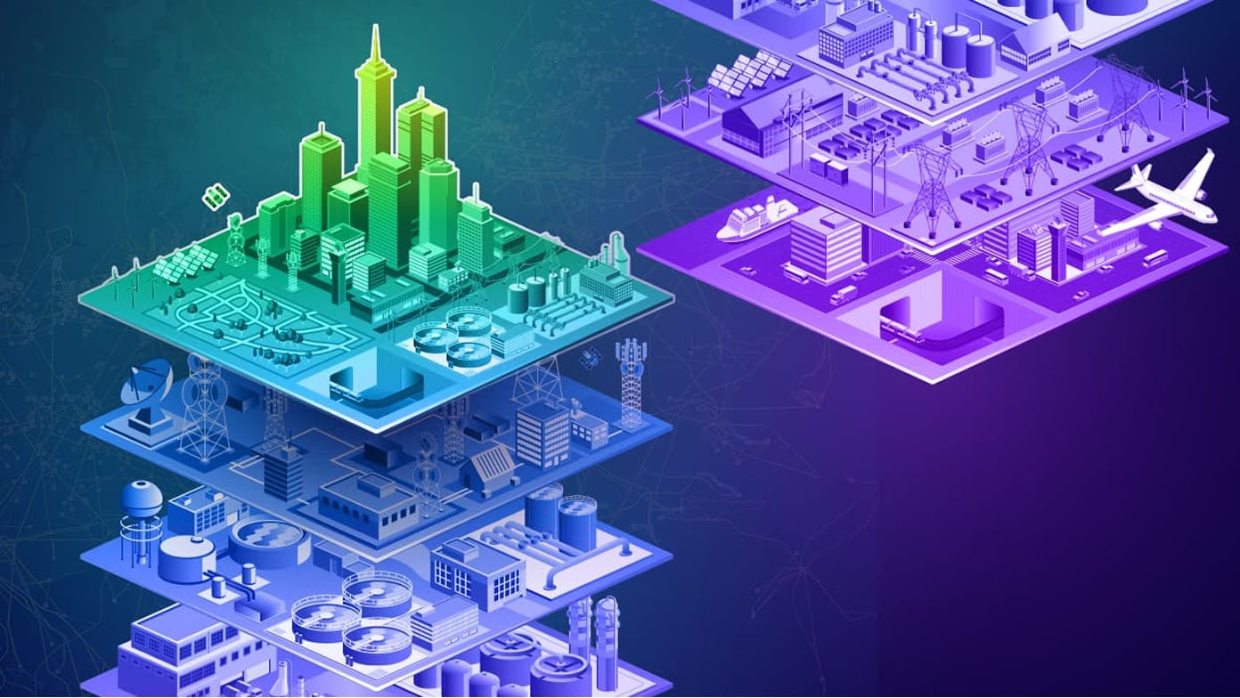 Grafica di uno stack di layer di mappe 3D, ciascuno che rappresenta un diverso tipo di infrastruttura cittadina, tutto in sfumature di blu e viola