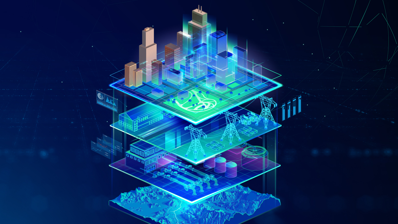 A layered illustration of a smart city in blue and green hues, showing a city skyline, power grid, industrial facilities, and a map