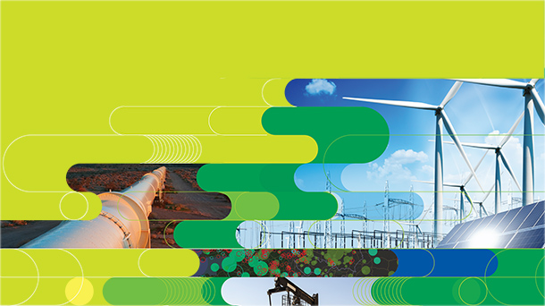 In einem Rahmen aus abstrakten grünen und gelben Formen eingefasste Bilder, die Windkraftanlagen, eine große, weiße Versorgungsleitung und eine Bohrinsel zeigen