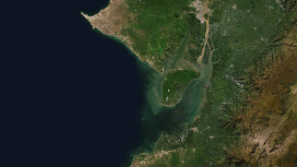 Aerial photo of a green coastal region beside a dark blue ocean