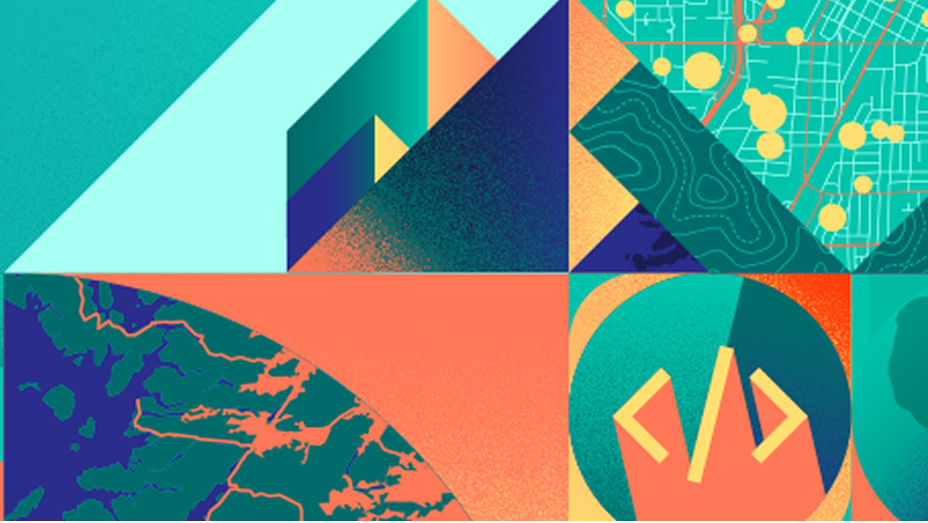 Collage of abstract geometric designs suggesting globes and maps in shades of green, blue, and orange