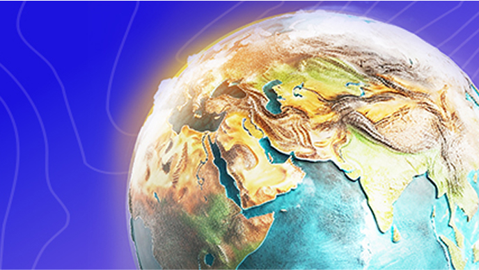 Mavi bir arka plan üzerine yerleştirilmiş kabartmalı kıtalar içeren bir küre