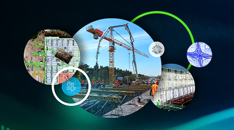A collage of images including a red construction crane, two images of industrial sites, a road map, and two logos, all in circular borders on a green backgroundUser Group conference that includes purple and blue maps enclosed in circles and a picture of a resort