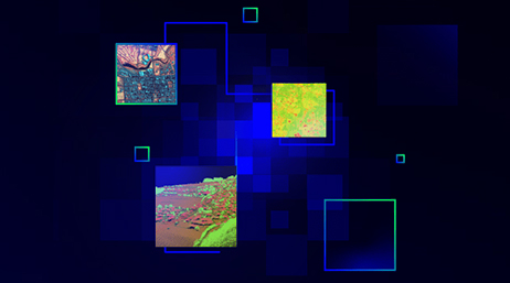 Abstract pattern of blue squares on a darker blue background, with three scattered colorful maps with square borders
