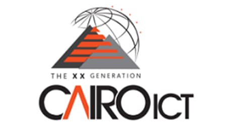 A promotional image for Cairo ICT with gray and orange pyramids