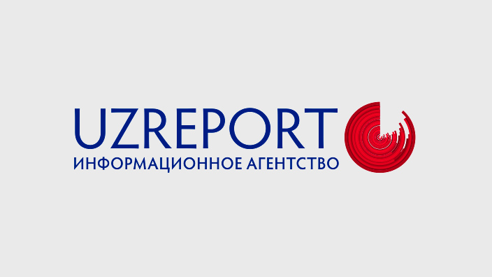 The logo for Uzreport television channel with a graphic of a three-quarter red circle