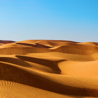 A panorama view of the rolling hills of a desert in warm golden tones under a clear blue sky