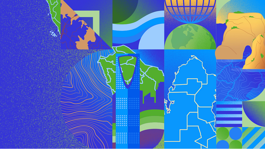 Collage of abstract geometric designs suggesting globes and maps in shades of green, blue, and orange