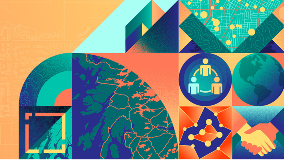 Collage of abstract geometric designs suggesting globes, people, and maps in shades of green, blue, and orange