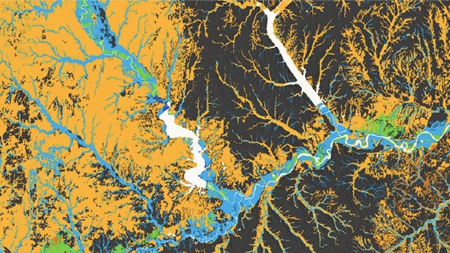River flow map showing affects climate change has on streamflow with orange and black shading under the blue river color