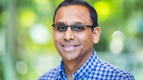 Jay Theodore smiling in a blue checkered shirt with sun-dappled leaves in the background