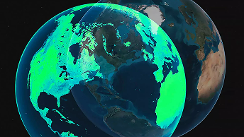 Due grafiche sovrapposte del pianeta terra, una in rosa e blu e l'altra in verde e blu
