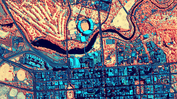 Mappa 3D della città in blu e rosa