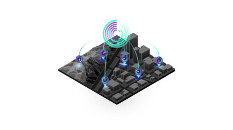Die 3D-Abbildung zeigt eine Miniaturstadt, identifiziert mehrere Bereiche durch farbige Linien und kombiniert Daten aus diesen Quellen in einem Diagramm.