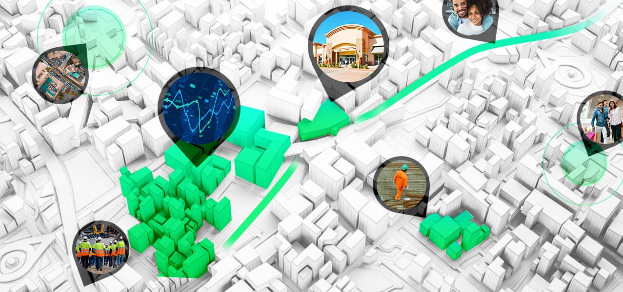 3D digital map highlights data such as a young couple, a grocery store, and construction worker walking through a site