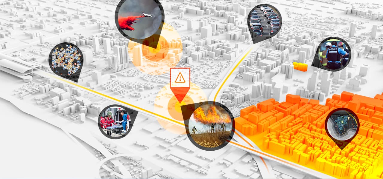 Auf der digitalen 3D-Karte einer Stadt sind Brandherde, Unfallorte und Einsatzorte von Polizisten verzeichnet