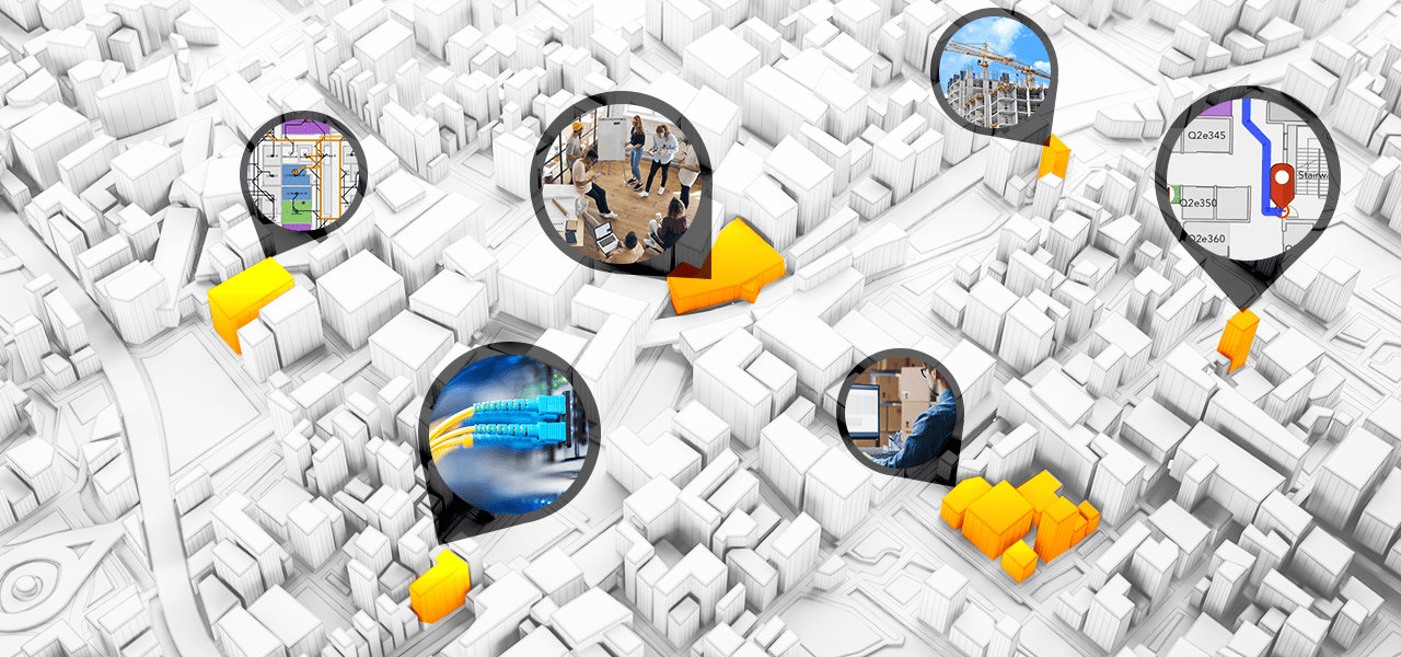 3D digital map highlights facility details such as a people in a meeting room, connected cables, in-progress construction site, and a map of the fastest indoor routes