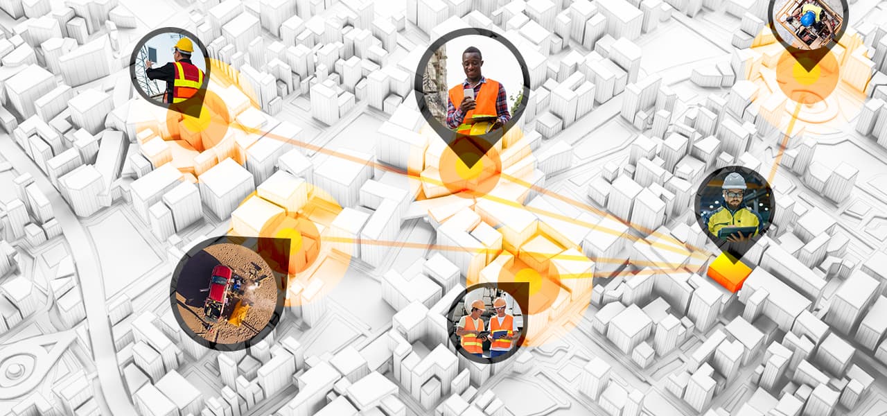 Auf der digitalen 3D-Karte einer Stadt sind Gebiete verzeichnet, in denen Arbeitsaufträge außerhalb des Büros koordiniert werden.