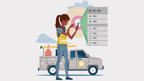 Illustration of a fieldworker marking tasks complete on a mobile app