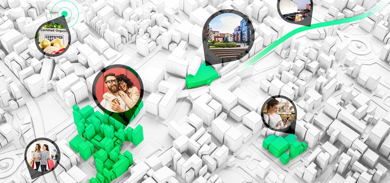 Auf der digitalen 3D-Karte einer Stadt sind Gebiete zu sehen, in denen potenzielle Kunden, leben, arbeiten und einkaufen.