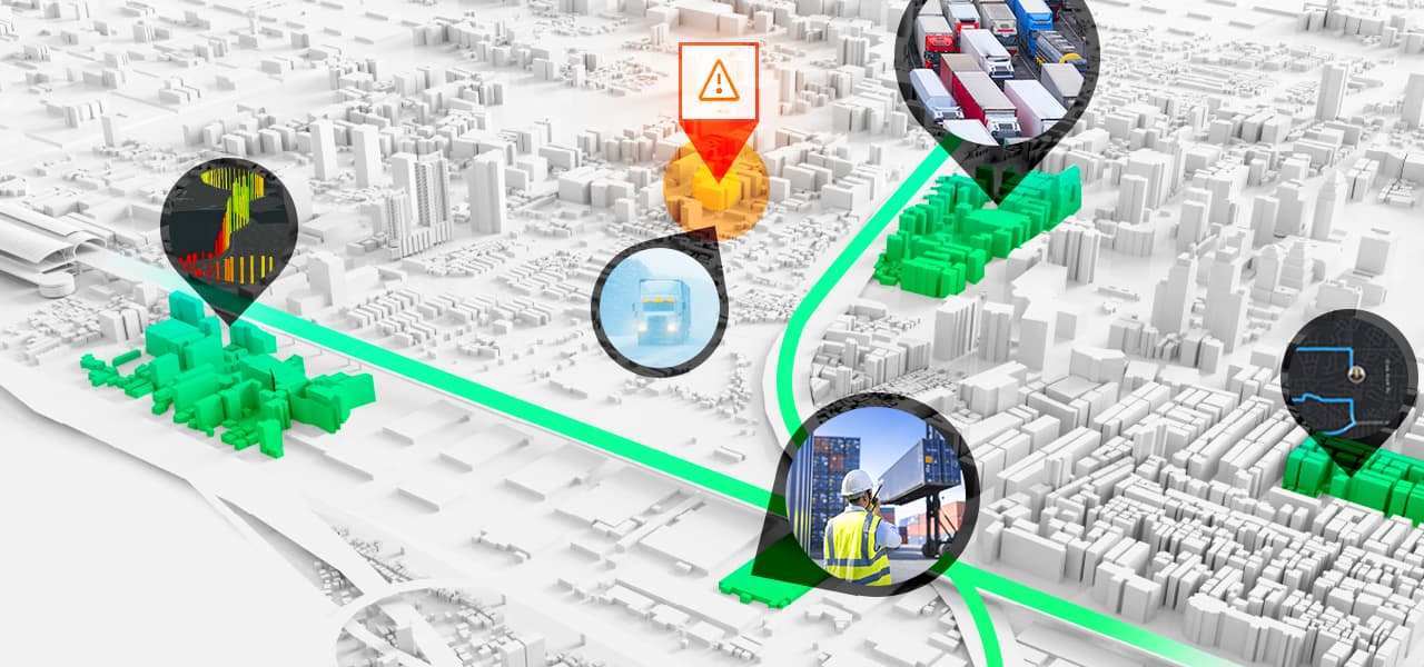 Auf der digitalen 3D-Karte einer Stadt sind die Positionen von Logistikfahrzeugen und Containern in Echtzeit zu sehen.