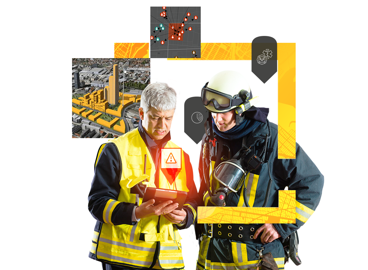 Ein Einsatzleiter bespricht mit einem Feuerwehrmann einen Notfall, wobei sie eine digitale Karte auf einem Tablet-Gerät betrachten.