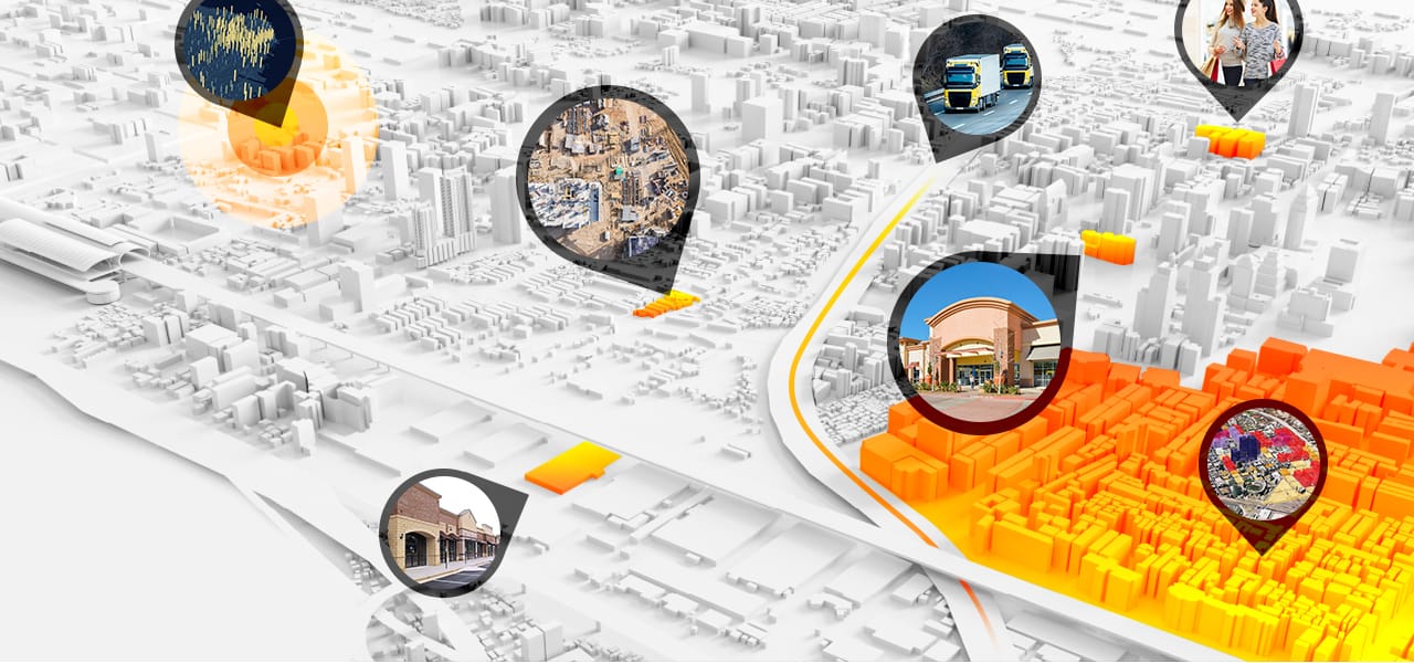 Auf der digitalen Karte einer Stadt sind verfügbare Standorte für neue Filialen sowie Daten zu Verkehr und Demografie, die die Standortentscheidung erleichtern, dargestellt.
