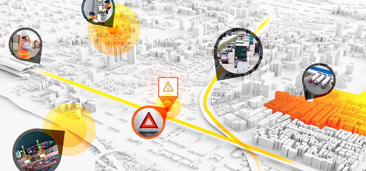 Auf der digitalen 3D-Karte sind Bereiche einer Lieferkette hervorgehoben, darunter ein Hafen, ein Lkw-Ladeplatz und eine Autobahn.