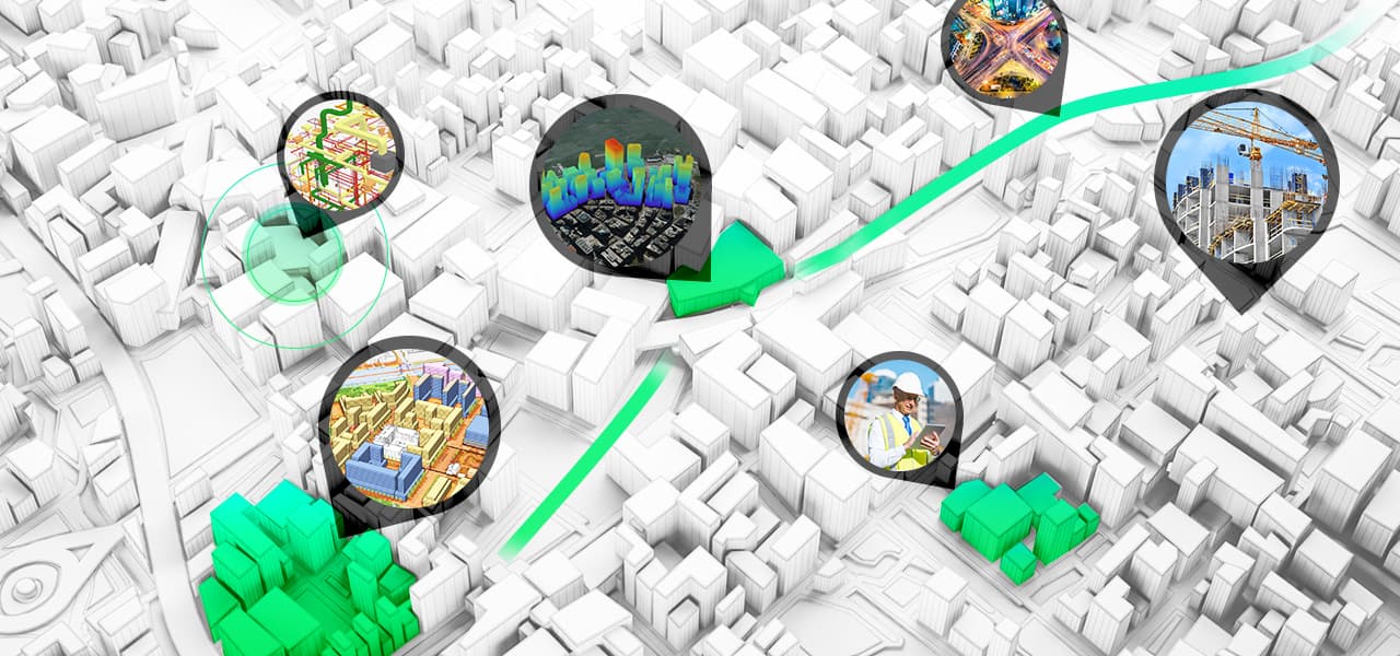 Auf der digitalen 3D-Karte einer Stadt wird gezeigt, wo neue Gebäude gebaut werden.