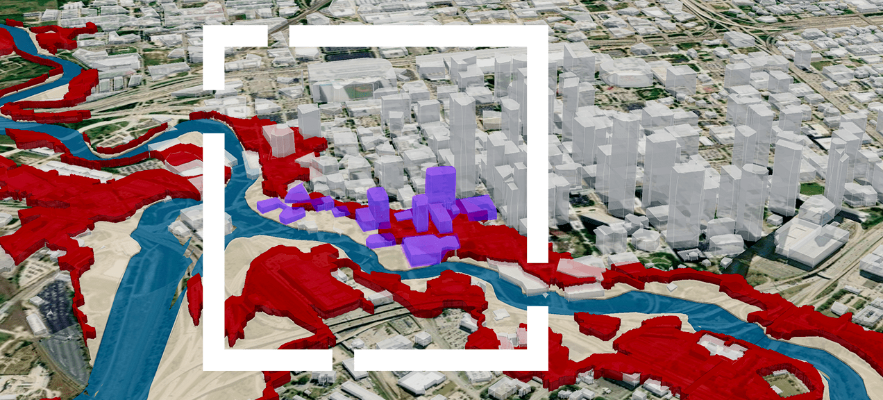 A 3D map of Houston, Texas, highlights riverfront properties in red and purple to show which buildings have high flood risk.