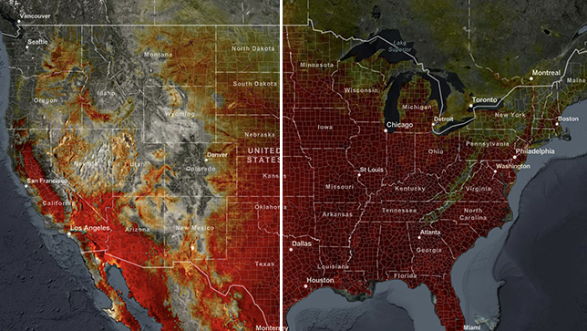 A map of the United States compares past and future heat trends, showing areas with more hot days in deeper shades of red.