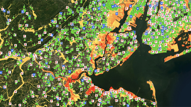 A map of the New York City metro area uses a red, yellow, and orange color scale to indicate where coastal flood risk is high.