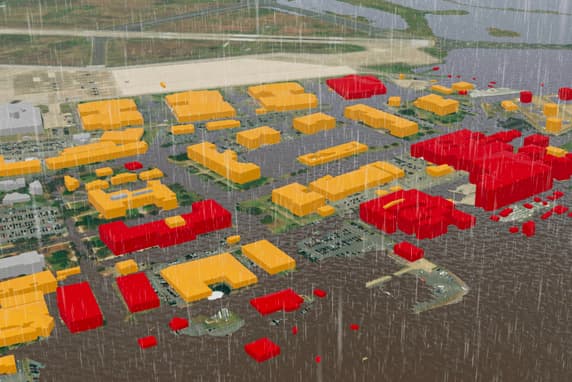 Computer model showing flooding impacts on buildings