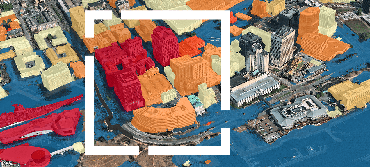 A 3D map of Norfolk, Virginia shows potential impacts of coastal flooding, showing at-risk buildings in red, orange, and yellow.