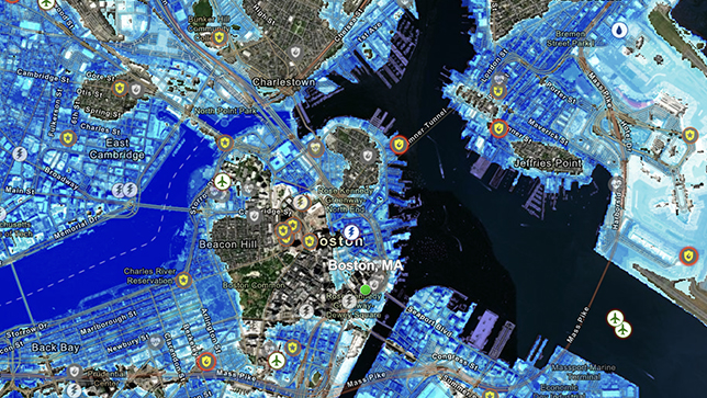 A map of Boston, Massachusetts shows a scenario where sea levels have risen by 10 feet, displaying flooded neighborhoods in blue.