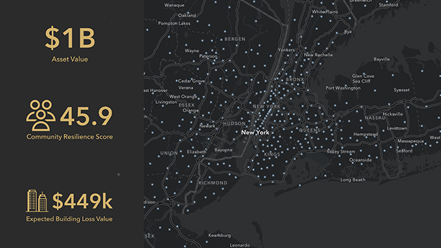 A digital dashboard shows a map of New York City with a panel measuring the value of visible assets and the cost if those assets were damaged.