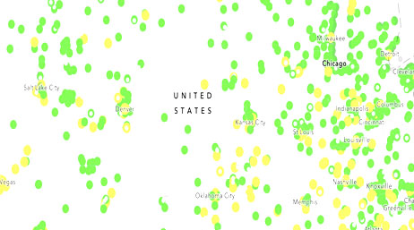 White background map of the United States with green and yellow circles on unspecified points across the map