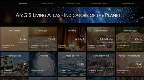 ArcGIS Living Atlas dashboard shows blue and brown data points
