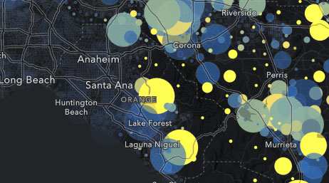 A map of Southern California showing housing growth and fire risk rankings using blue and yellow circles