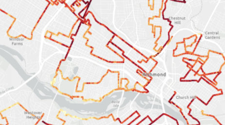 A map of red, orange, and yellow streets showing the heat of the streets in cities