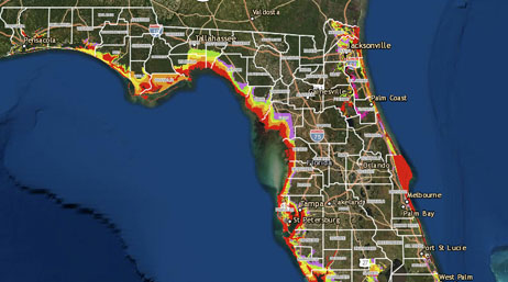A map showing Florida’s hurricane evacuation zones in red, yellow, and green