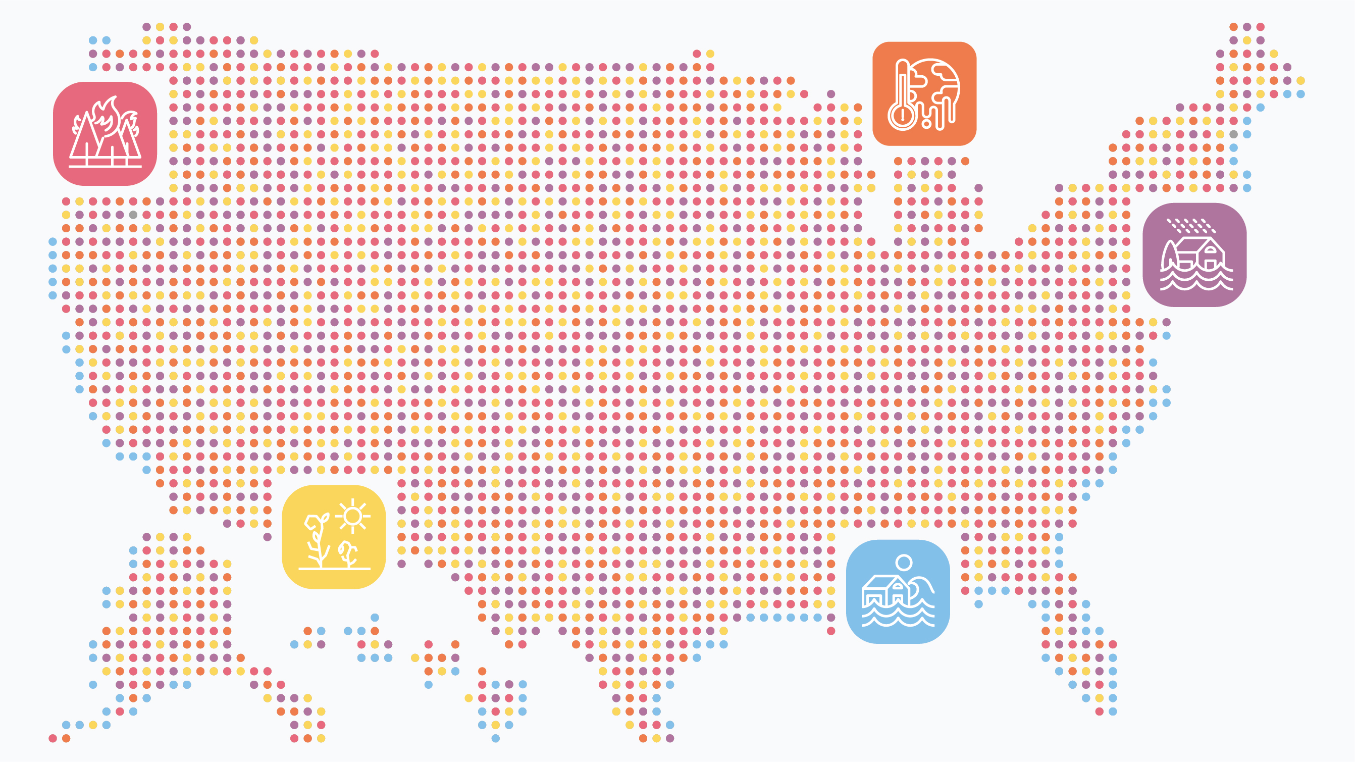 A graphic of the United States formed of a grid of multicolored dots overlaid with icons representing flood, wildfire, and extreme weather