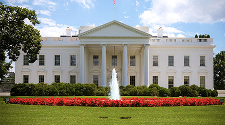 The White House with a large water fountain in front of it surrounded by red flowers 