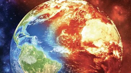 Terre vue de l'espace. Les continents en bleu et vert se trouvent dans l'hémisphère ouest et ceux, en feux, en rouge et en orange dans l'hémisphère est. 