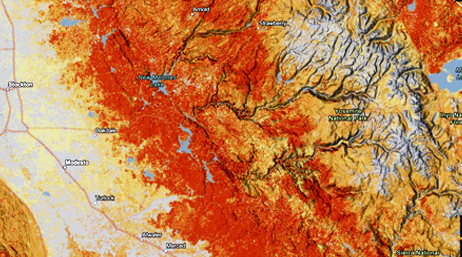 A terrain map in colors of yellow, orange, and red