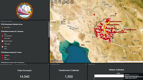 A GIS dashboard displaying metrics and a map with a region covered in red lines and black dots 