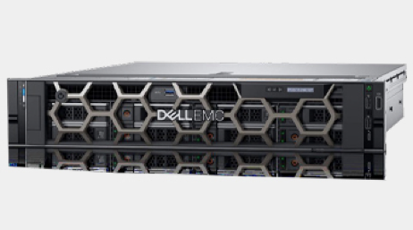 A black Dell virtualization appliance with hexagon designs on the front and the logo “Dell EMC”