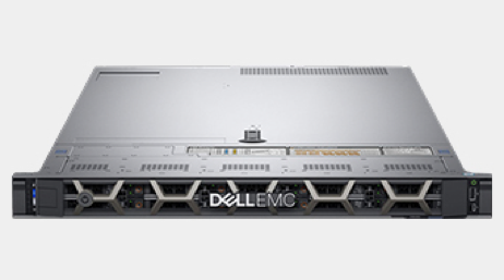 A thin silver Dell server with hexagon designs on the front and the logo “Dell EMC”
