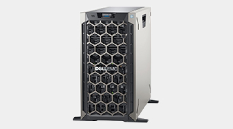 A black Dell server tower with hexagon designs on the front and the logo “Dell EMC”