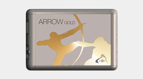 A silver colored GNSS receiver with a graphic of a gold archer and the logo “Arrow Gold”